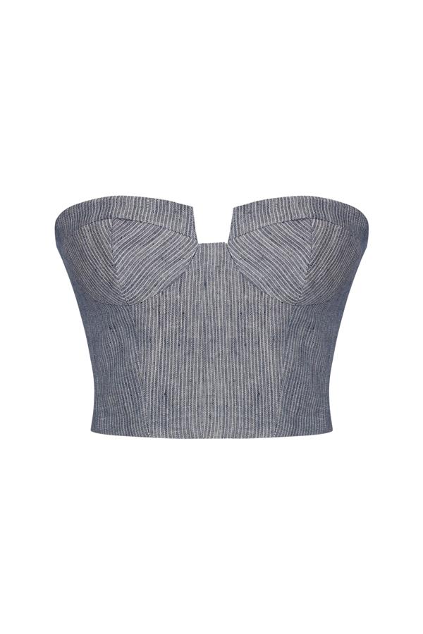 Storm Blue Striped Linen-Blend Bustier Top