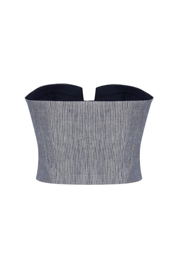 Storm Blue Striped Linen-Blend Bustier Top