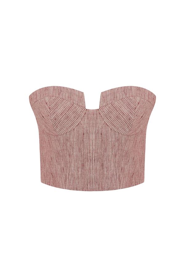 Storm Red Striped Linen-Blend Bustier Top