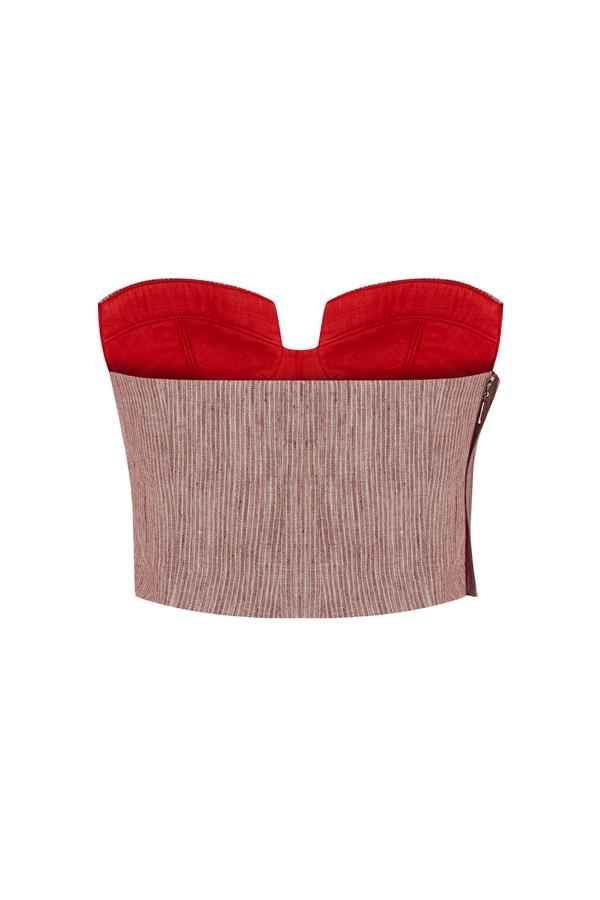 Storm Red Striped Linen-Blend Bustier Top