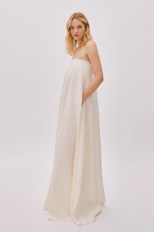 Venice Ecru Linen Strapless Maxi Dress