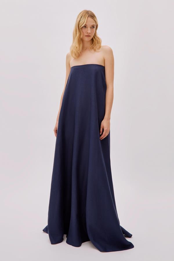 Venice Navy Linen Strapless Maxi Dress