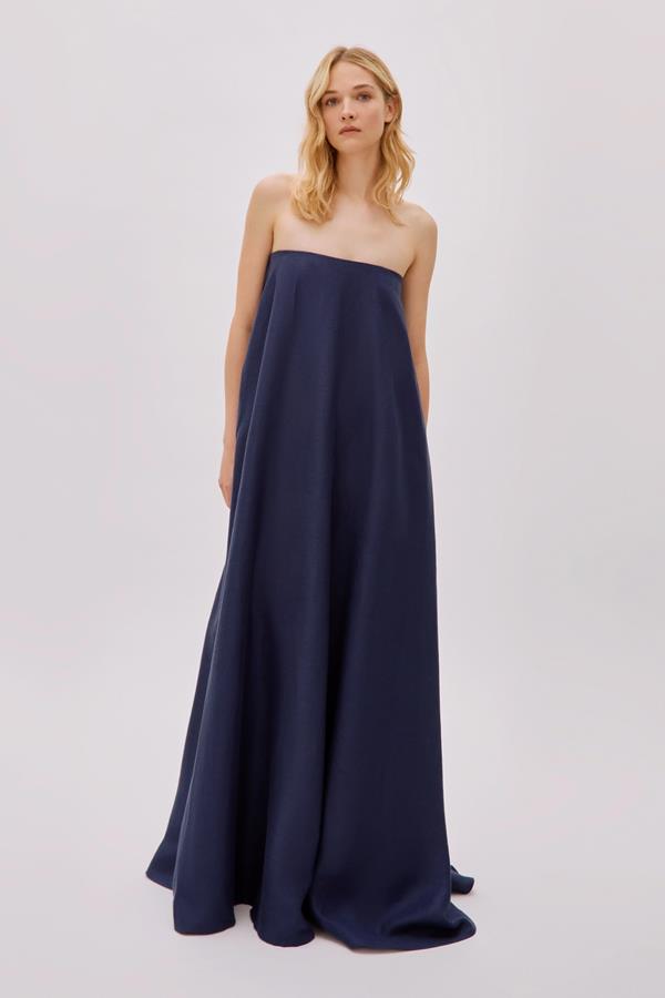 Venice Navy Linen Strapless Maxi Dress