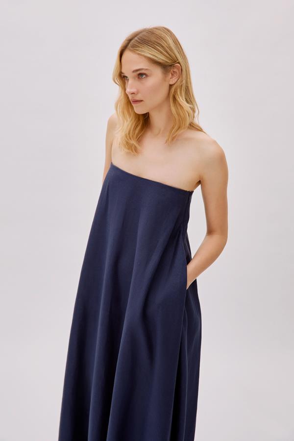 Venice Navy Linen Strapless Maxi Dress