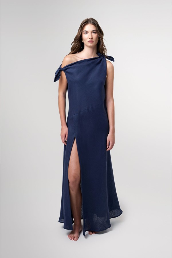 Valeria Navy Off Shoulder Maxi Linen Dress