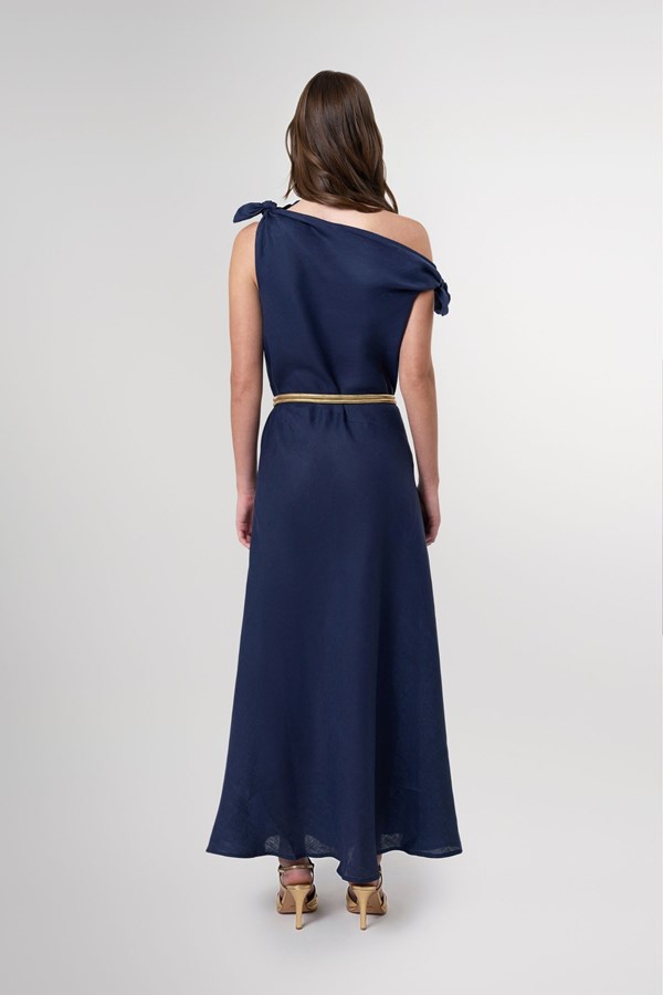 Valeria Navy Off Shoulder Maxi Linen Dress
