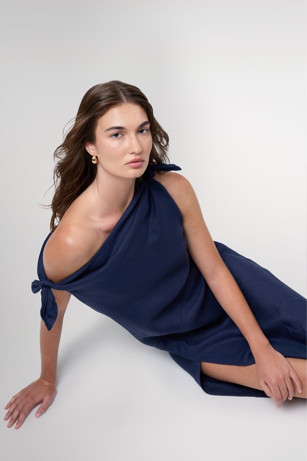 Valeria Navy Off Shoulder Maxi Linen Dress