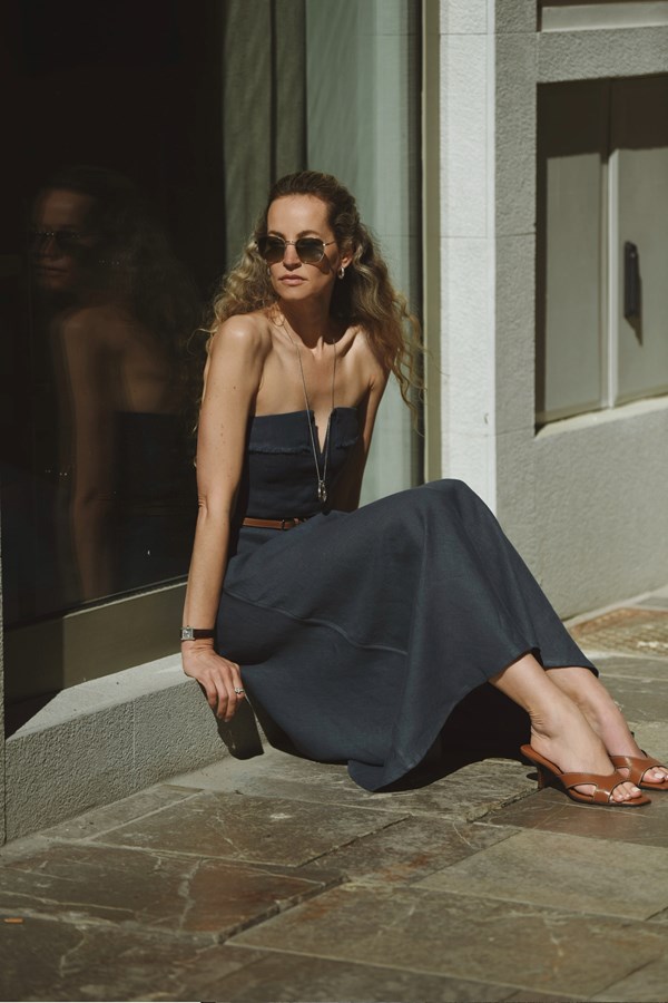 Dune Indigo Linen Fringe V Neck Crop Top