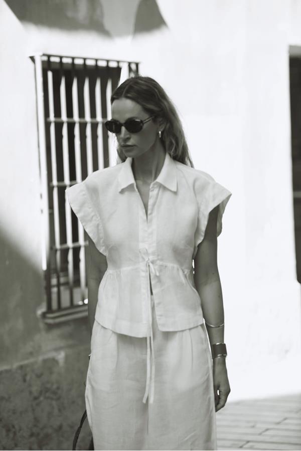 Galia Ecru Linen Tie Short Sleeve Shirt