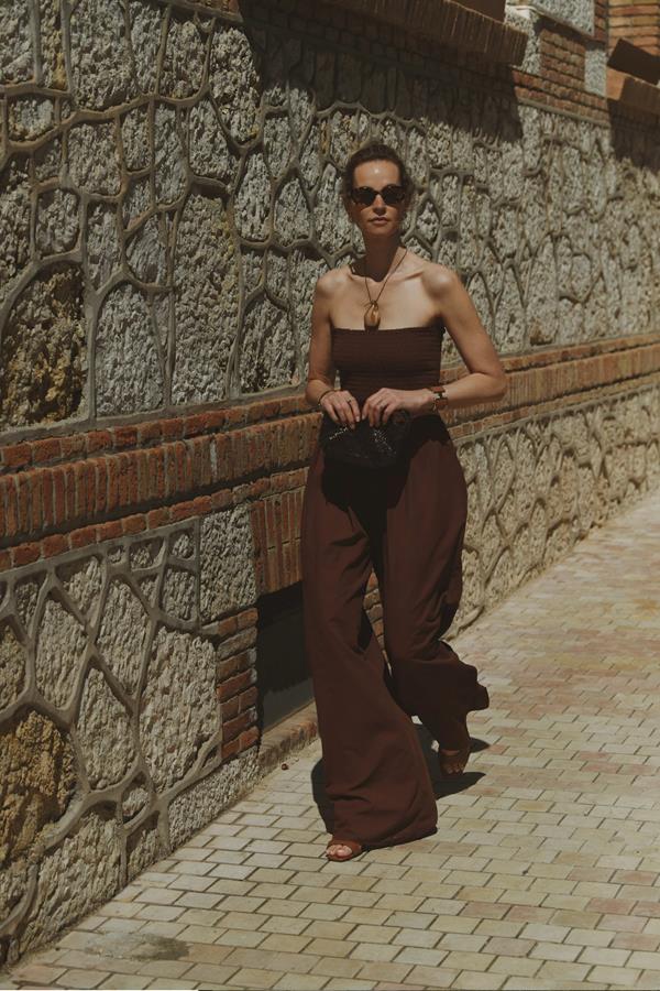 Mare Brown Cotton Shirred Jumpsuit