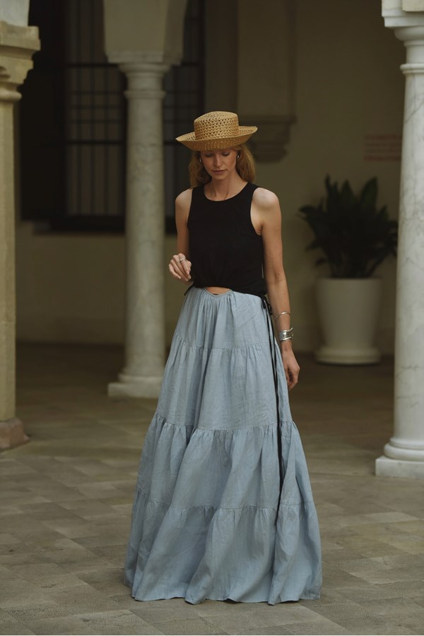 Tamsin Linen Black and Dusty Blue Split Maxi Dress
