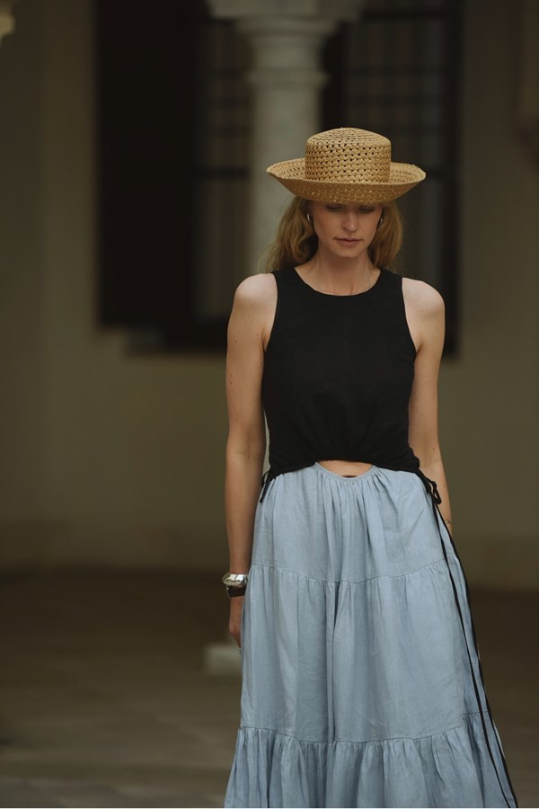 Tamsin Linen Black and Dusty Blue Split Maxi Dress