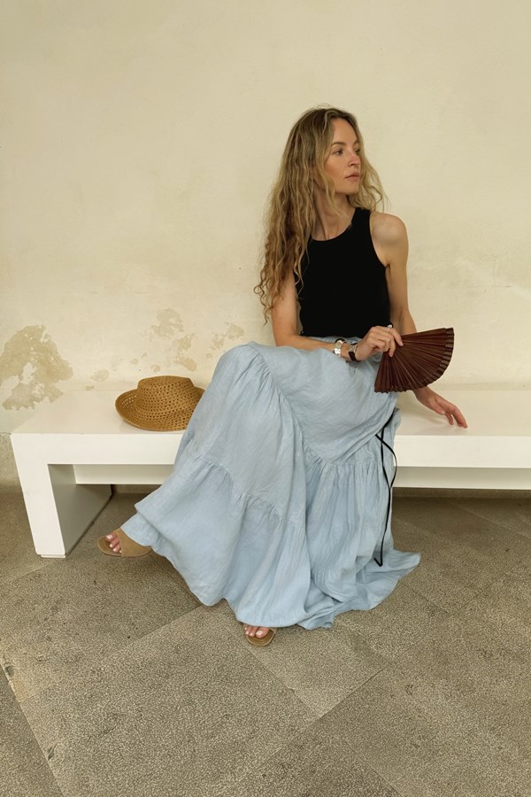 Tamsin Linen Black and Dusty Blue Split Maxi Dress