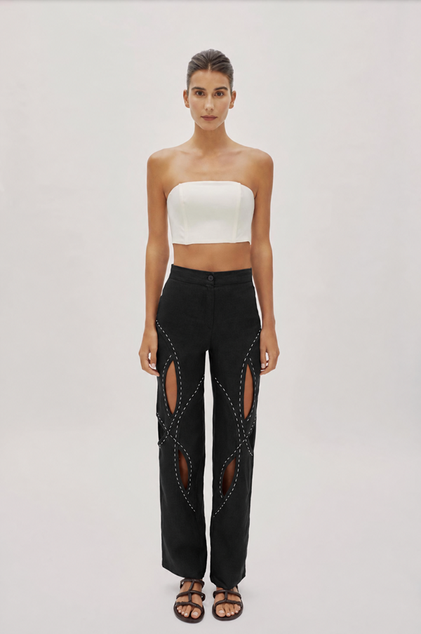Asher Black Linen Cut Out Contrast Stitch Pants