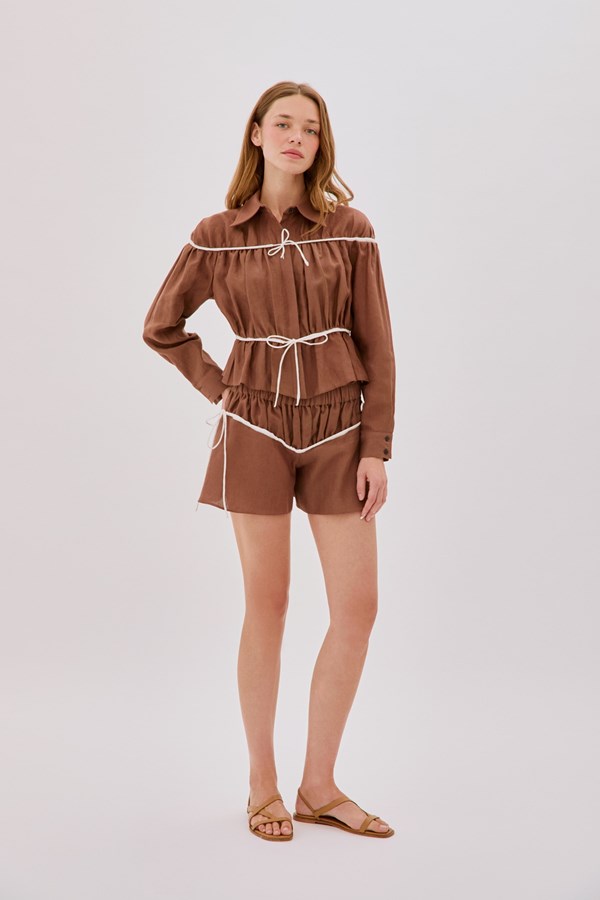 Colette Cappuccino and Ecru Linen Tie Shorts