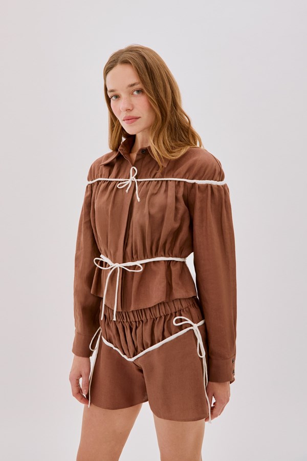Colette Cappuccino and Ecru Linen Tie Shorts