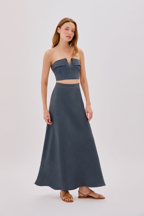 Dune Indigo Linen Fringe V Neck Crop Top