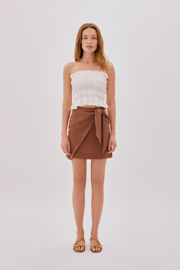 Eva Ecru Strapless Shirred Linen Top