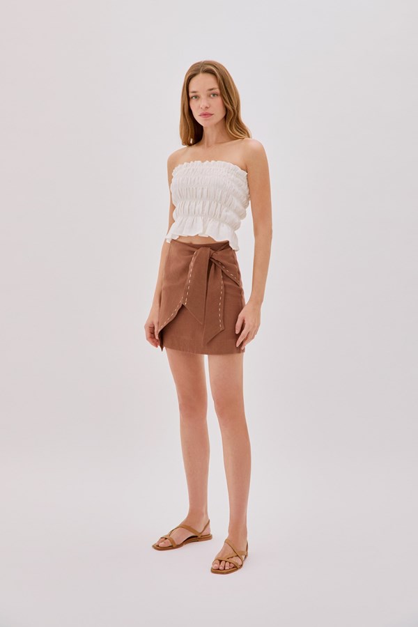 Asher Cappuccino Linen Cut Out Contrast Stitch Wrap Skirt