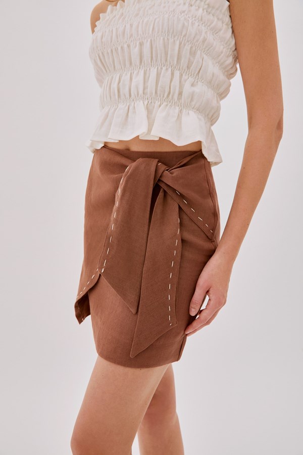 Asher Cappuccino Linen Cut Out Contrast Stitch Wrap Skirt