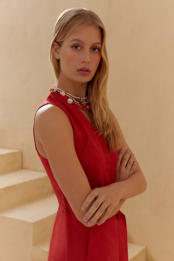 Red Linen Belted Dress
