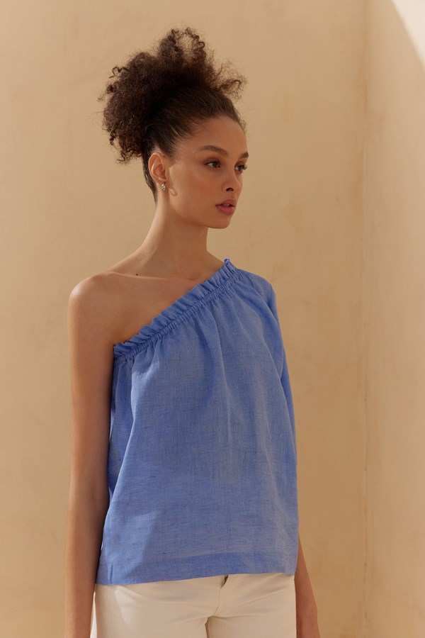 Sky Blue Linen One Sleeve Top