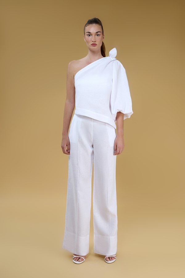 Naomi White One Sleeve Backless Linen Top 