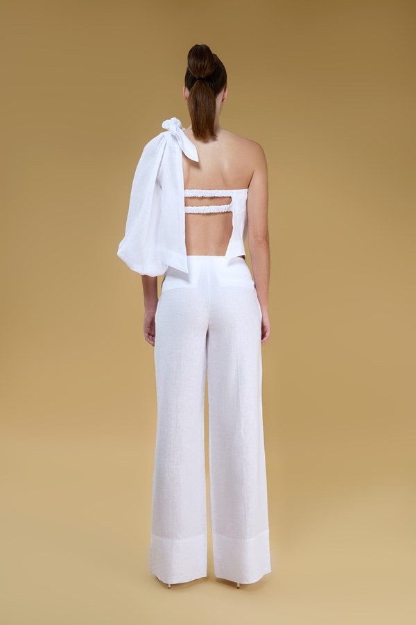 Naomi White One Sleeve Backless Linen Top 
