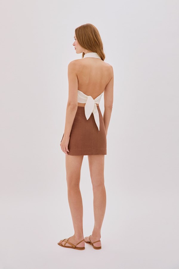 Leah Ecru Linen Collared Crop Top
