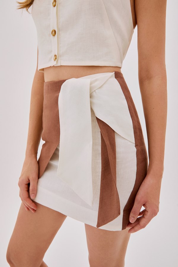 Eliza Cappuccino and Ecru Linen Wrap Mini Skirt