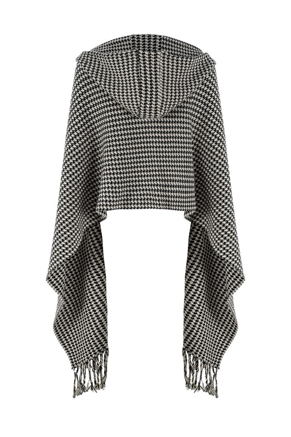 Zoe Black and White Dogtooth Cashmere-Blend Hooded Shawl