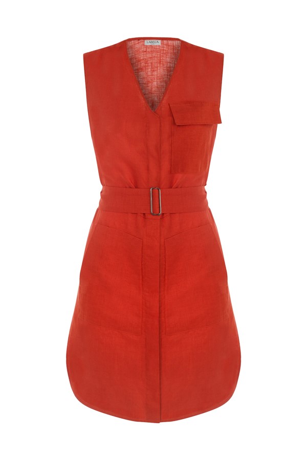 Red Linen Belted Dress