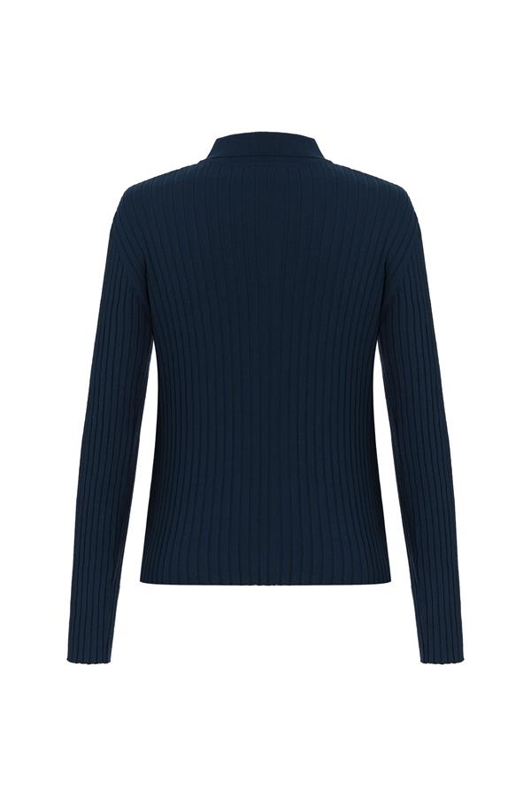 Navy Ribbed Button Up Long Sleeve Top