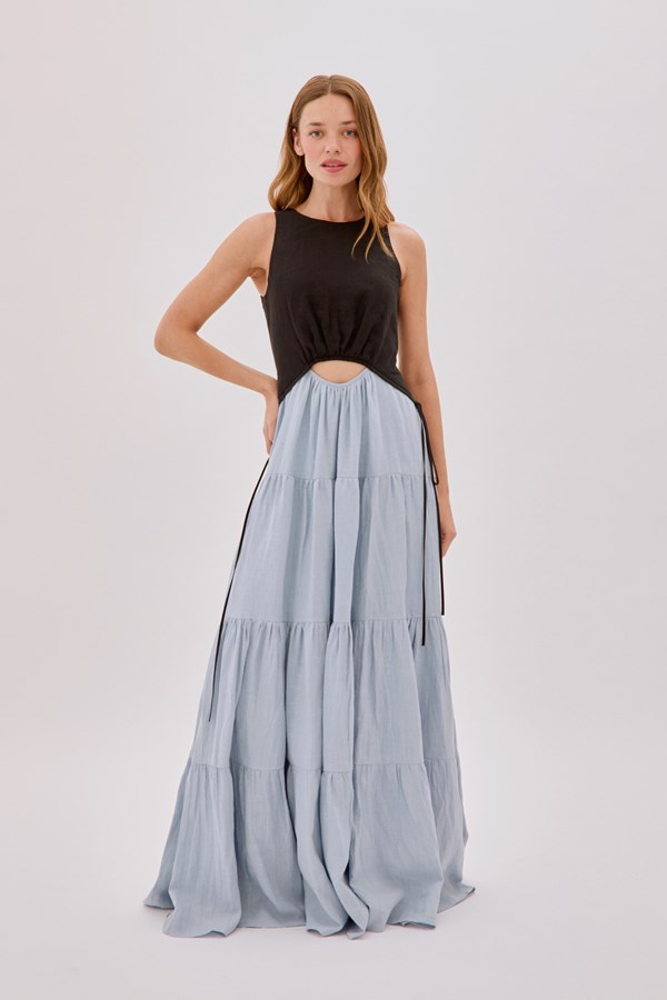 Tamsin Linen Black and Dusty Blue Split Maxi Dress