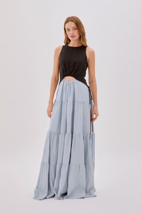 Tamsin Linen Black and Dusty Blue Split Maxi Dress