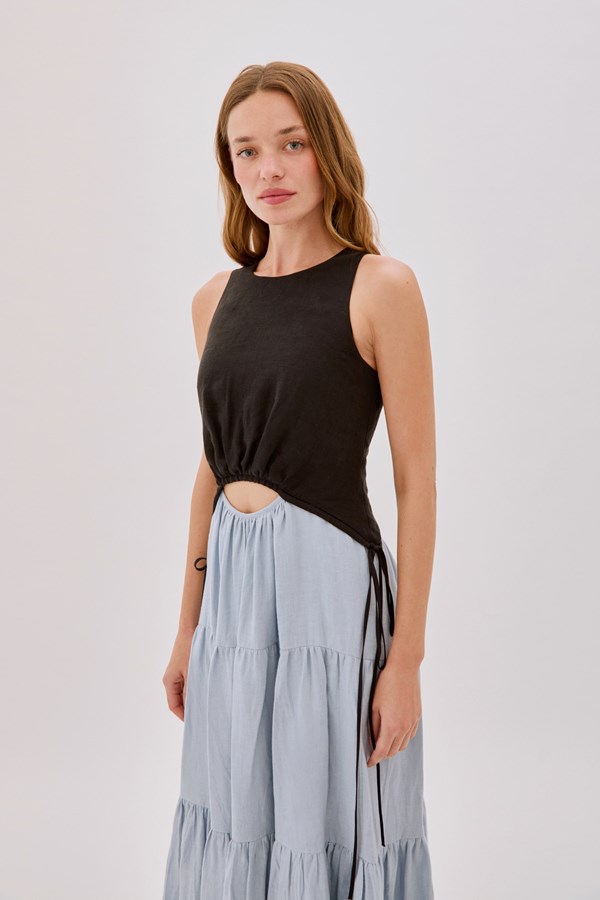 Tamsin Linen Black and Dusty Blue Split Maxi Dress