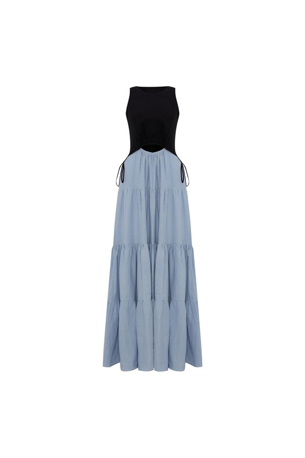 Tamsin Linen Black and Dusty Blue Split Maxi Dress