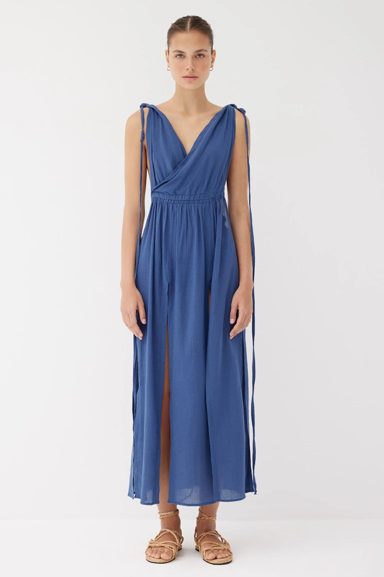 Ava Indigo Cotton Adjustable Shoulder Dress