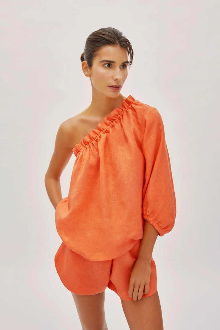 Capri Citrus Orange Linen One Sleeve Top