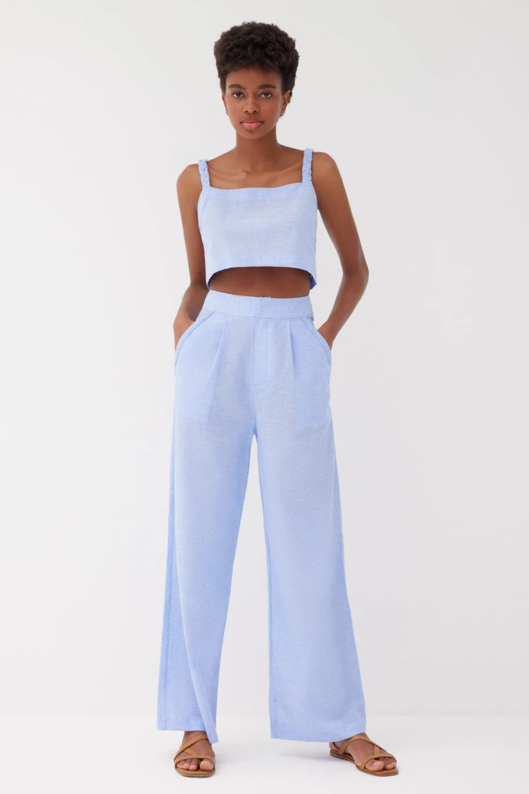 Devon Powder Blue Linen Blend Braided Crop Top