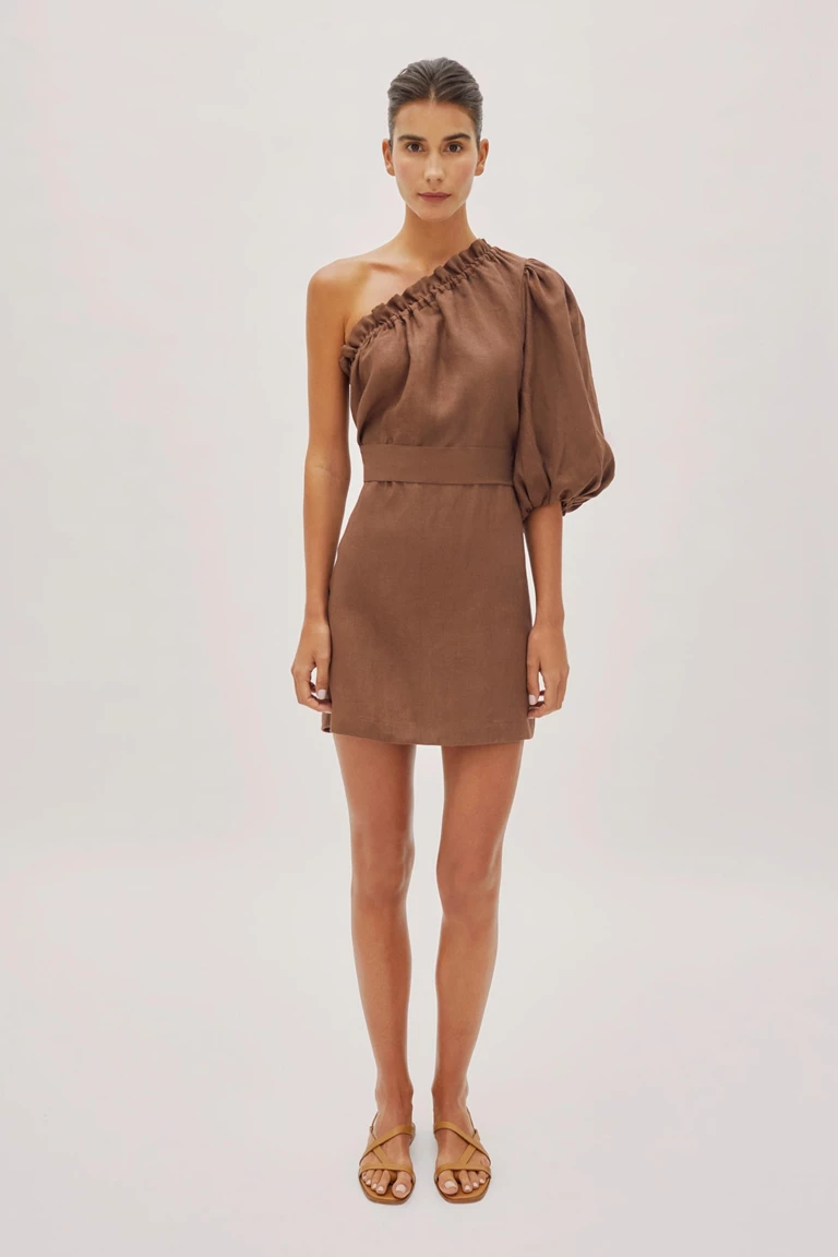 Florence Cappuccino Linen One Sleeve Mini Dress
