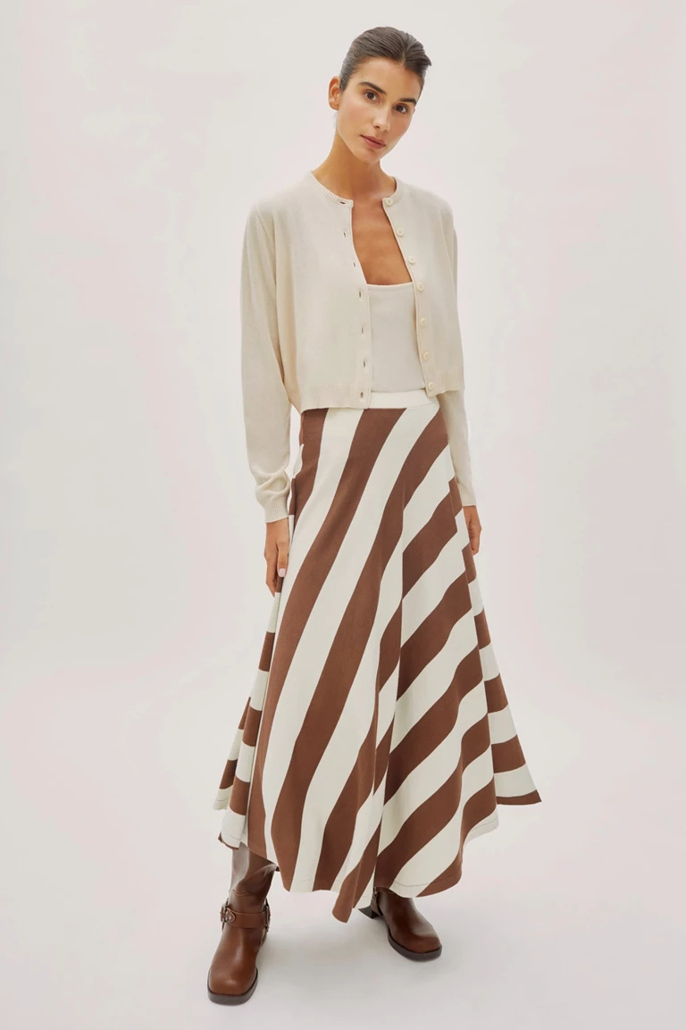 Frankie Chocolate and Ecru Wool-Blend Striped Skirt