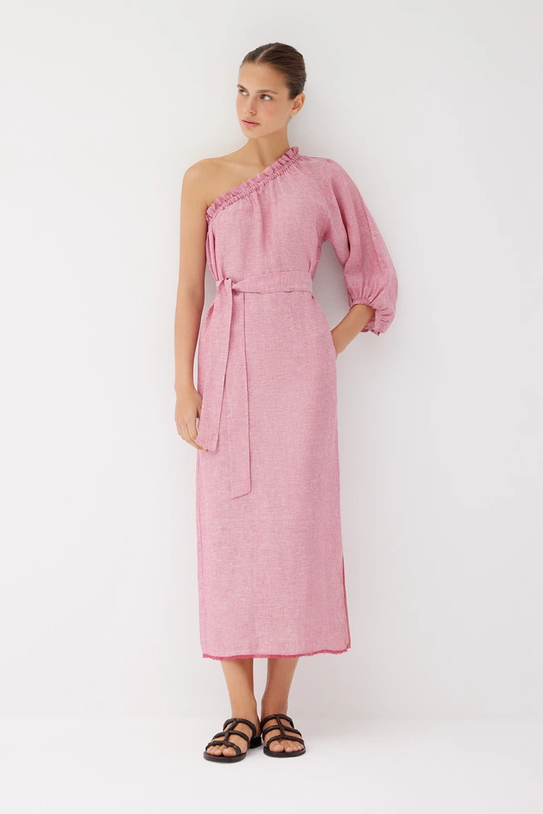 Sardinia Rose Linen One Sleeve Dress