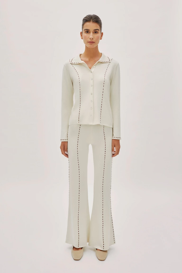 Marina Ecru Contrast Stitch Flared Pants