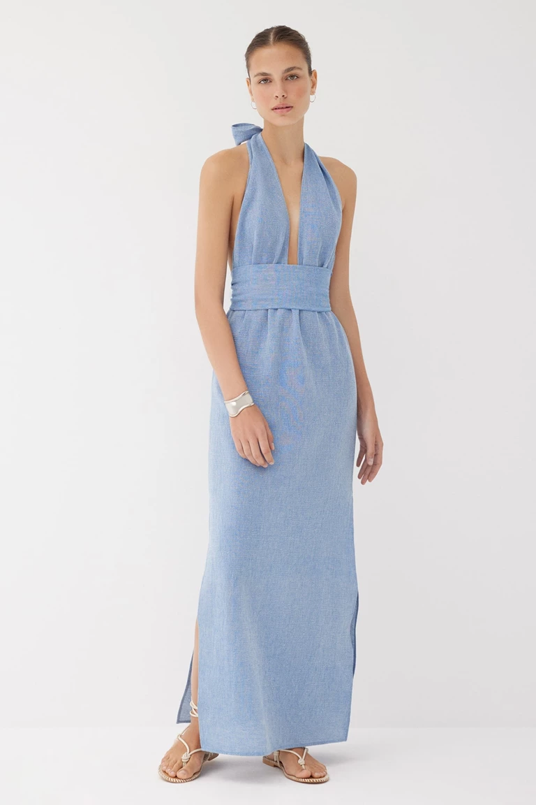 Meri Powder Blue Halter Neck Plunge Dress