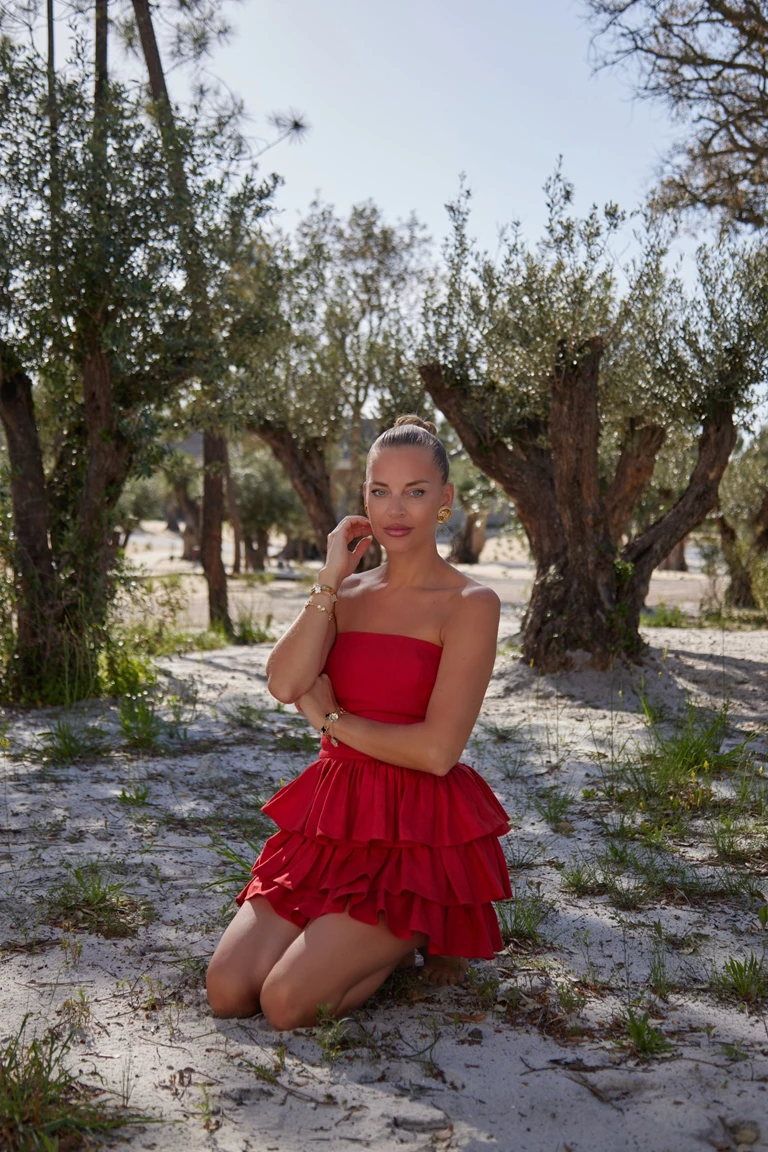 Mila Goji Red Linen Strapless Mini Ruffle Dress