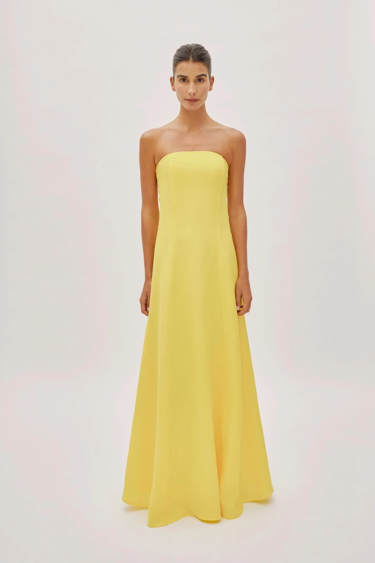 Santorini Lemon Yellow Linen Strapless Maxi Dress