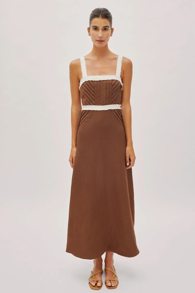 Sicily Cappuccino and Ecru Linen Contrast Strap Midi Dress