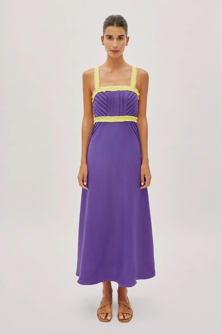 Sicily Twilight Purple and Lemon Yellow Linen Contrast Strap Midi Dress