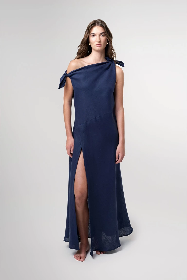 Valeria Navy Off Shoulder Maxi Linen Dress